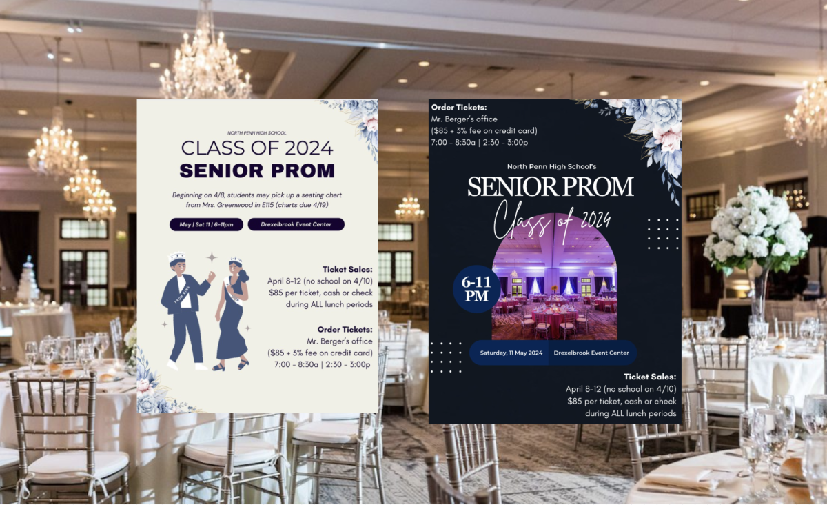 SENIOR PROM 2024. In the background is the delightful Drexelbrook Event Center, and the graphics in the picture can be seen on the np.class.24 instagram page as well as on flyers posted around the school soon. For more information read below.